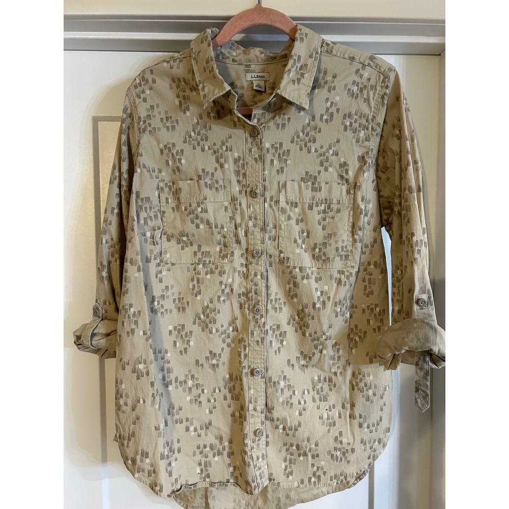 LL Bean Tan Tencel Cotton Button Down Shirt Womens Large Roll Tab Long Sleeve